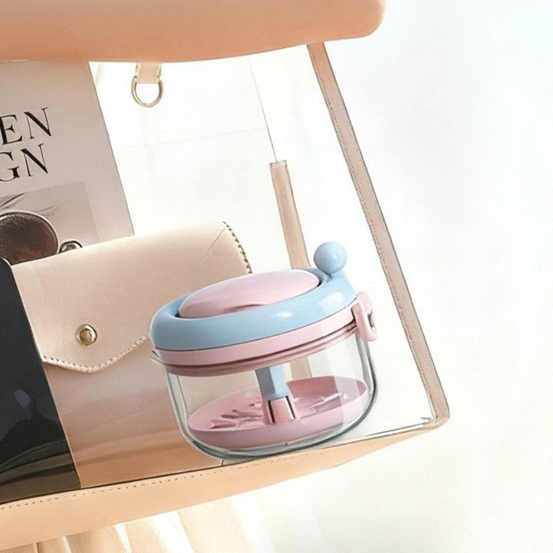 Hand Crank Centrifugal Retainer Cleaning & Storage 2-in-1 Case, Denture and Aligner Cleaner Box with Built-in Mirror—Pink