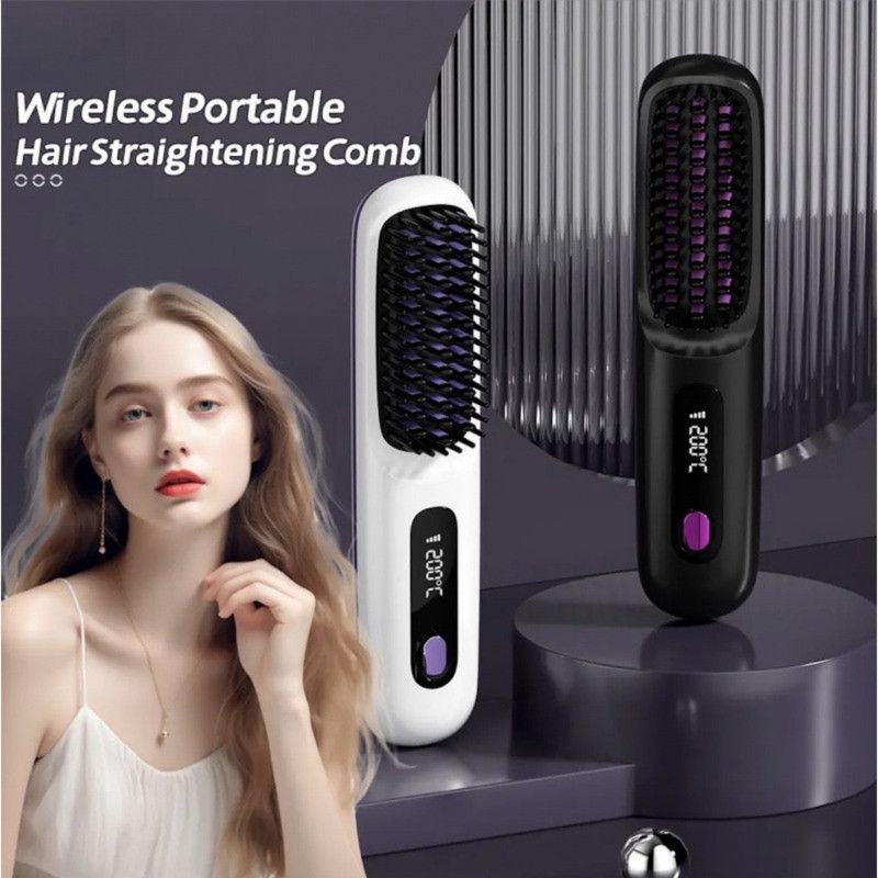 Portable Negative Ion Hair Straightener Brush, 3-Temperature Dual-Use Styling Comb for Travel and Home Use - Purple