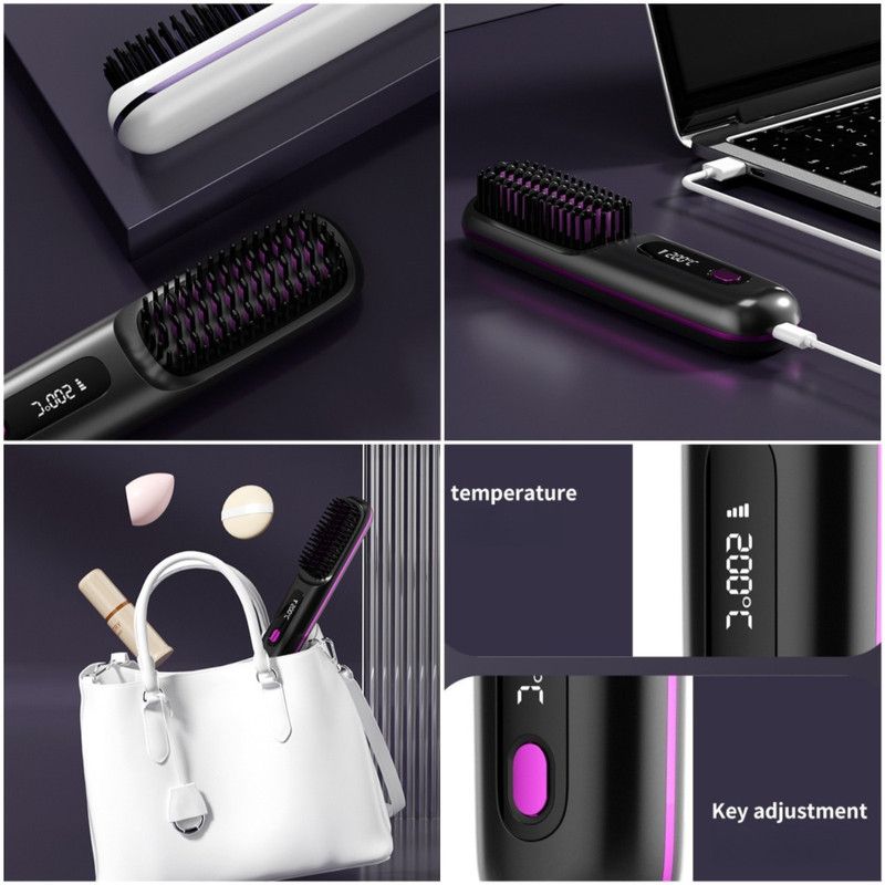 Portable Negative Ion Hair Straightener Brush, 3-Temperature Dual-Use Styling Comb for Travel and Home Use—White
