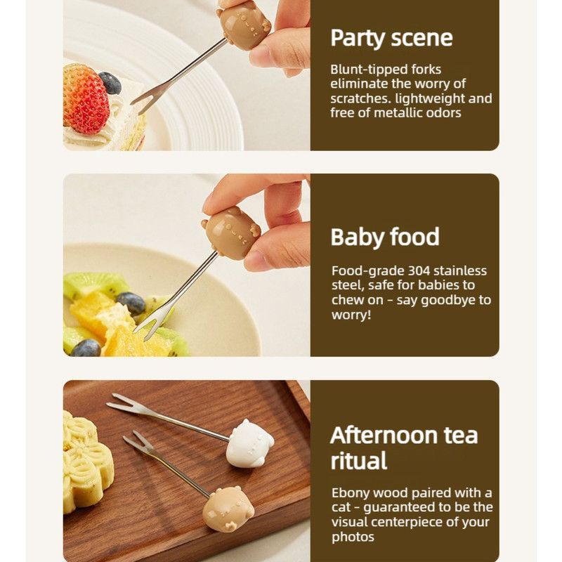 Cute Cat Fruit Fork Set with Solid Wood Storage Base, Food-Grade 304 Stainless Steel Dessert Forks—White