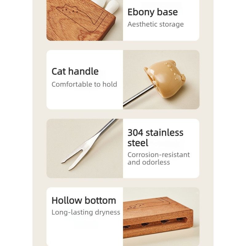 Cute Cat Fruit Fork Set with Solid Wood Storage Base, Food-Grade 304 Stainless Steel Dessert Forks—White