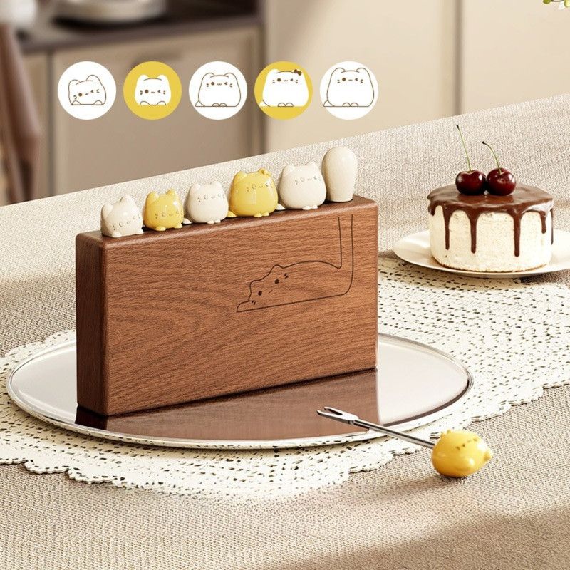 Cute Cat Fruit Fork Set with Solid Wood Storage Base, Food-Grade 304 Stainless Steel Dessert Forks—White
