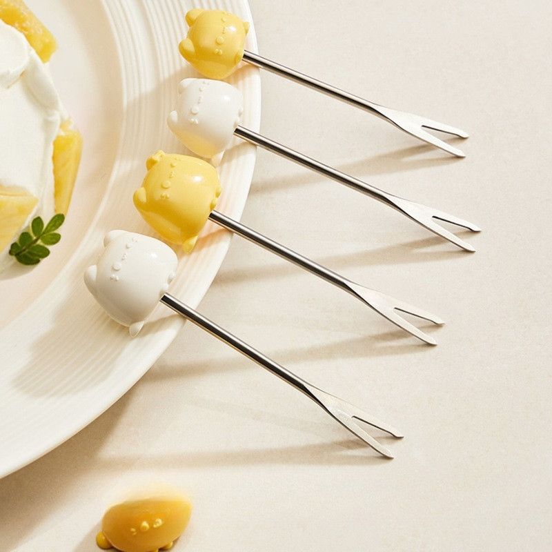 Cute Cat Fruit Fork Set with Solid Wood Storage Base, Food-Grade 304 Stainless Steel Dessert Forks—Yellow