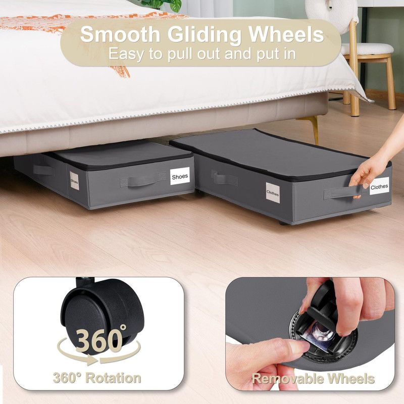 2-Pack -M- Under-Bed Storage Bins with Wheels, Foldable Flat Fabric Storage Containers for Clothes and Miscellaneous Items - Gray
