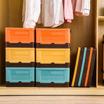 L Foldable Plastic Storage Boxes, Stackable Organizer Bins for Closets, Under Beds, Camping, and Car Trunks—Orange