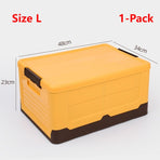 L Foldable Plastic Storage Boxes, Stackable Organizer Bins for Closets, Under Beds, Camping, and Car Trunks—Yellow