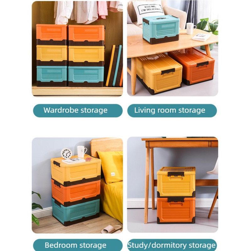 L Foldable Plastic Storage Boxes, Stackable Organizer Bins for Closets, Under Beds, Camping, and Car Trunks—Yellow