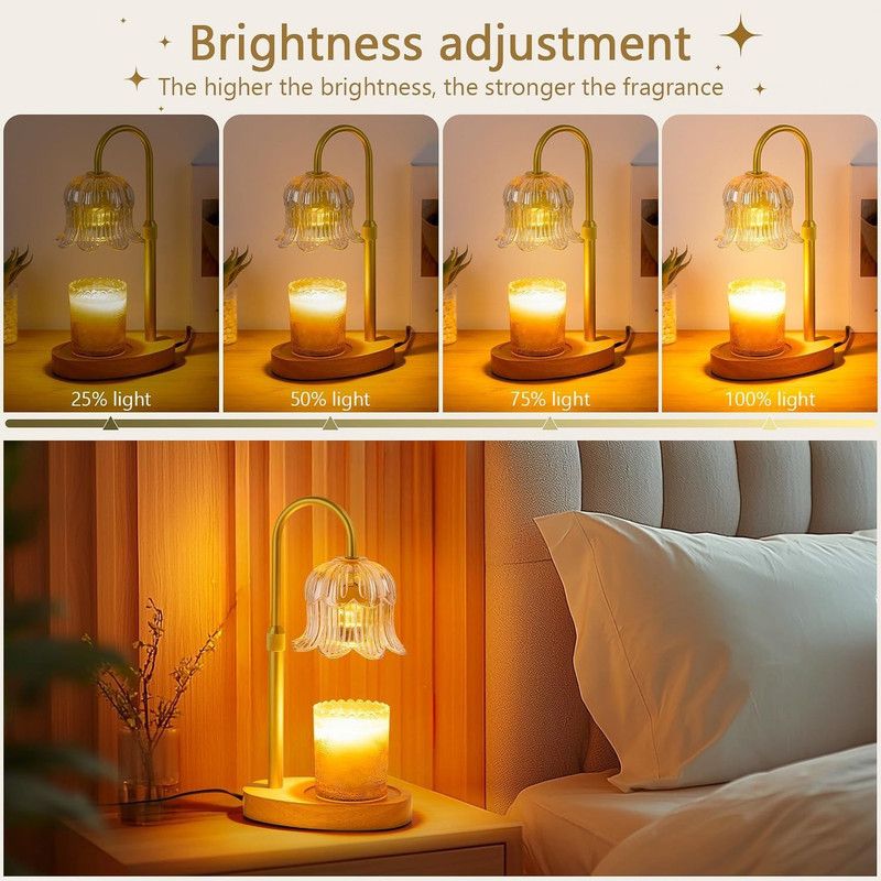 Lily of the Valley Candle Warmer Lamp with Dimmer Knob, Wooden Base Aroma Table Lamp for Bedroom Decor - Pink