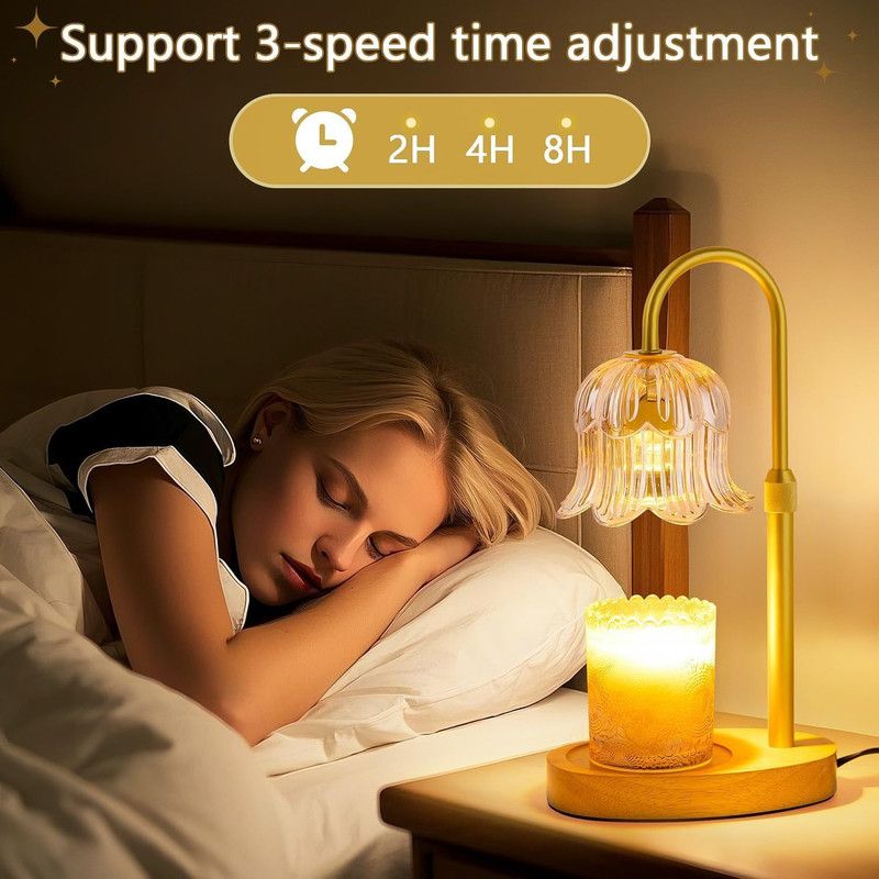 Lily of the Valley Candle Warmer Lamp with Dimmer Knob, Wooden Base Aroma Table Lamp for Bedroom Decor - Pink