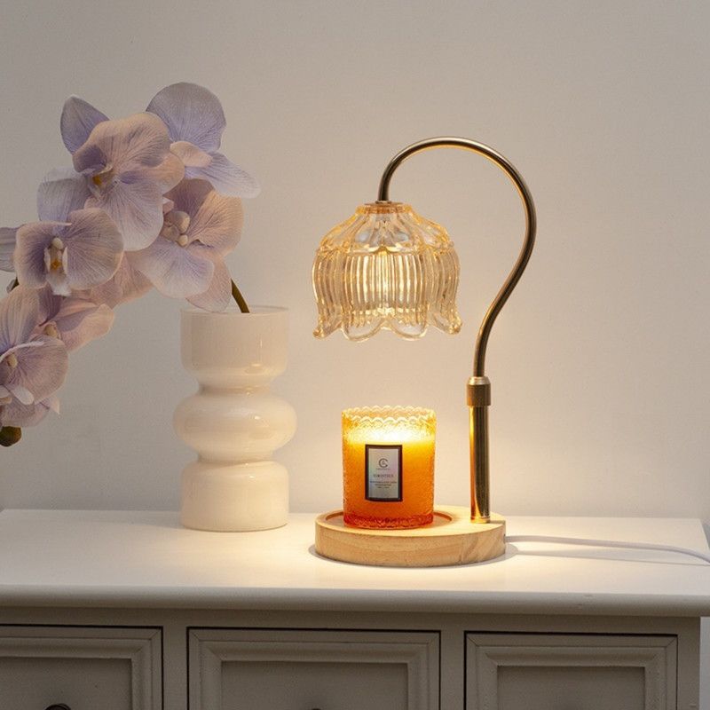 Timed Dimmable Candle Warmer Lamp, Wooden Base Adjustable Aroma Lamp, Candle Not Included—Beige