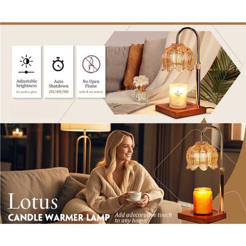 Lotus-Shaped Adjustable, Timed, Dimmable Candle Warmer Lamp, Wood Base Aroma Table Lamp, Candle Not Included—Red