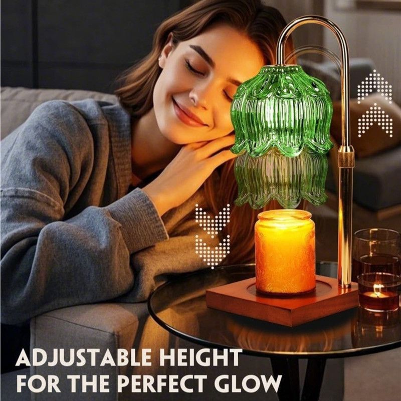 Lotus-Shaped Adjustable, Timed, Dimmable Candle Warmer Lamp, Wood Base Aroma Table Lamp, Candle Not Included—Red