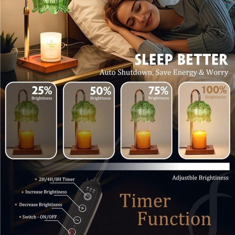 Lotus-Shaped Adjustable Timed Dimmable Candle Warmer Lamp, Wood Base Aroma Table Lamp, Candle Not Included - Red-Green