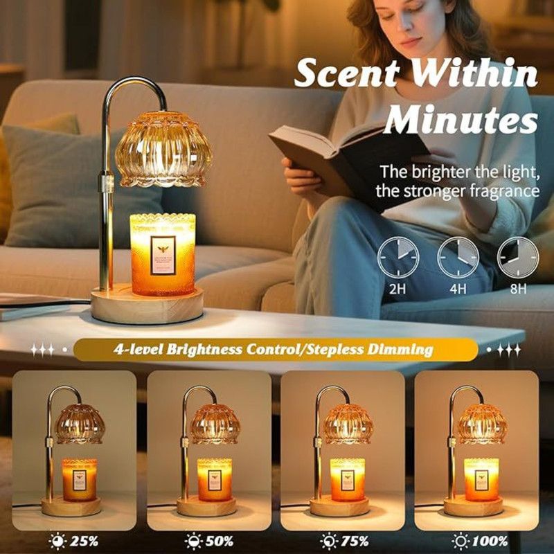 Adjustable Timed Dimmable Candle Warmer Lamp, Wooden Base Smokeless Aroma Table Lamp, Candle Not Included—Green