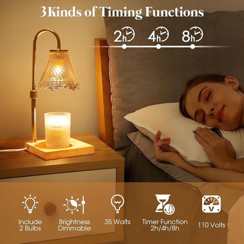 Adjustable Timed Dimmable Candle Warmer Lamp, Square Solid Wood Base Aroma Table Lamp, No Candle Included