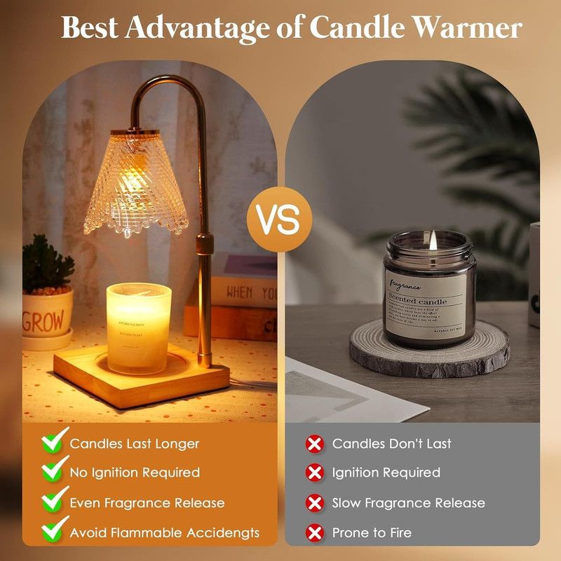 Adjustable Timed Dimmable Candle Warmer Lamp, Square Solid Wood Base Aroma Table Lamp, No Candle Included