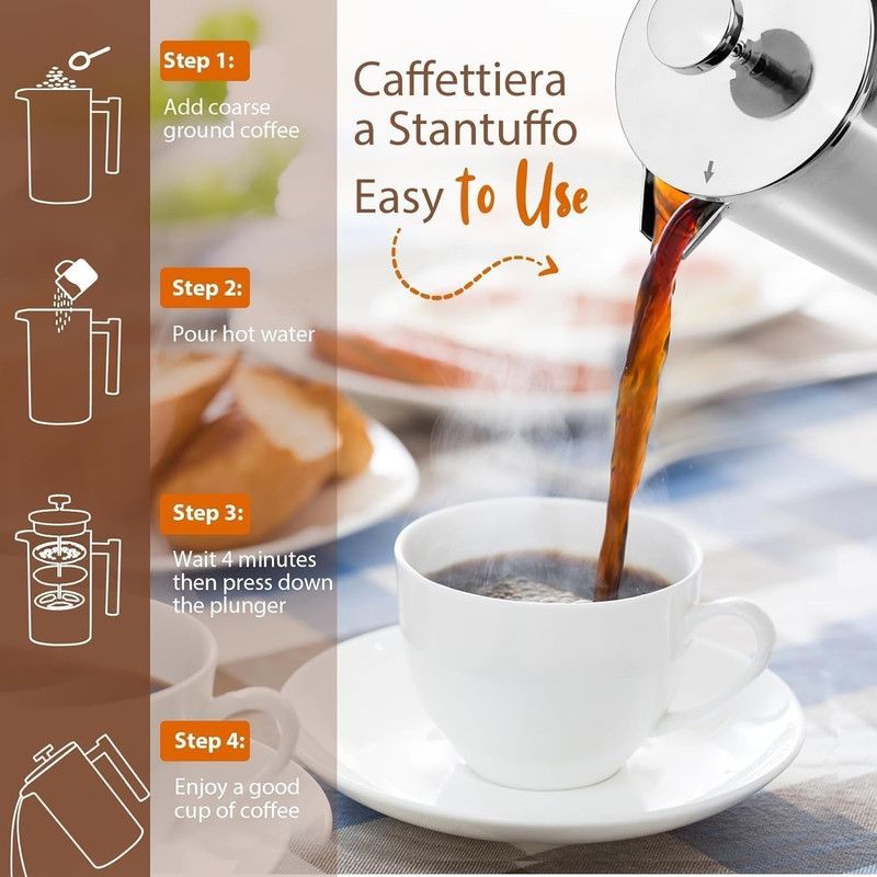 304 Stainless Steel French Press Coffee Maker, Household Hand-Brew Coffee Pot, Tea Filter Pot—1000ML