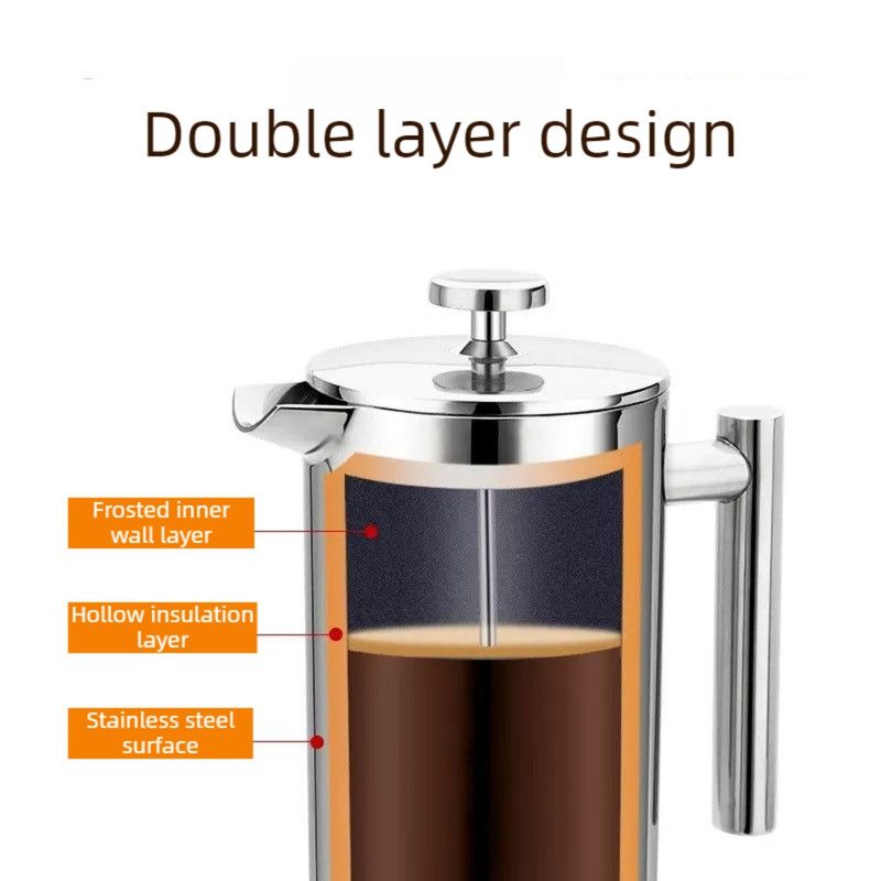 304 Stainless Steel French Press Coffee Maker, Household Hand-Brew Coffee Pot, Includes One Filter – 1000ML
