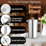304 Stainless Steel French Press Coffee Maker, Household Hand-Brew Coffee Pot, Includes One Filter – 1500ML