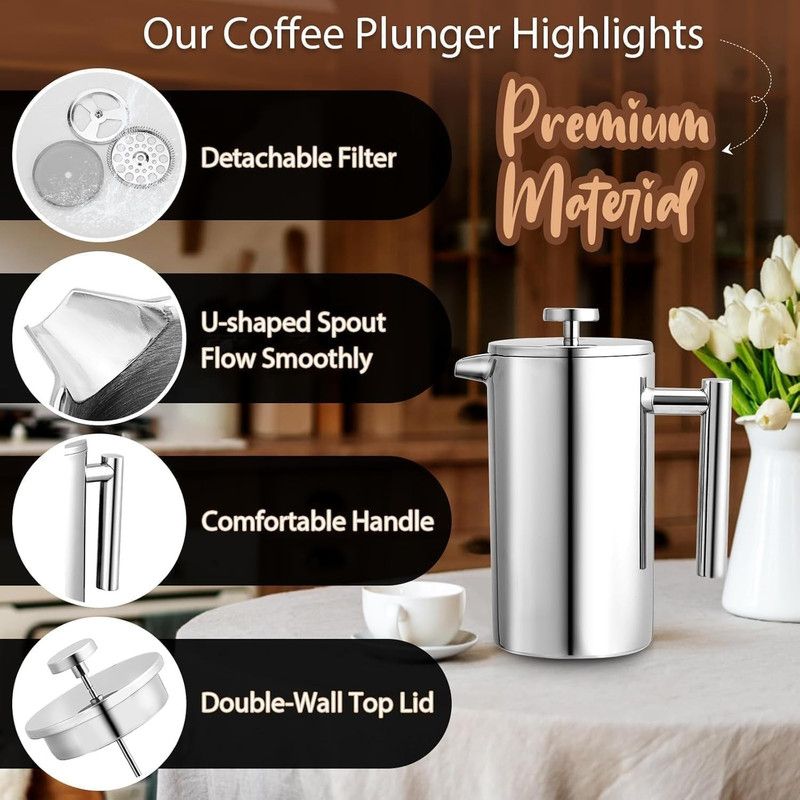 304 Stainless Steel French Press Coffee Maker, Household Hand-Brew Coffee Pot, Includes One Filter – 1500ML