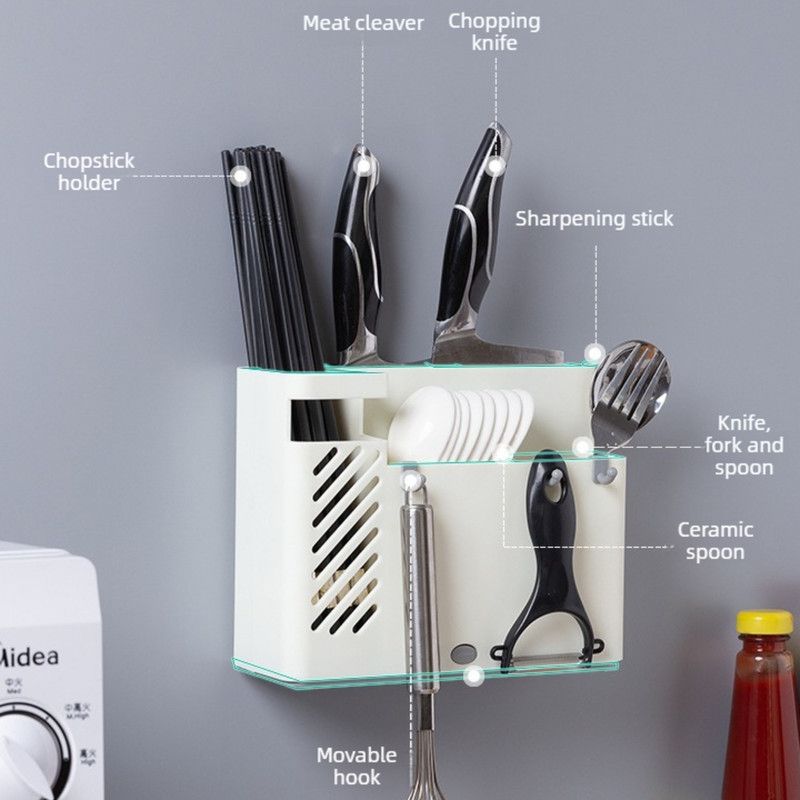 Wall-Mounted Chopstick Holder, Multi-Compartment Kitchen Utensil Storage Rack, Drainable Cutlery Organizer—Blue