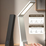 2-in-1 Foldable LED Eye-Caring Desk Lamp, USB-Rechargeable Study Light with Phone Holder—White