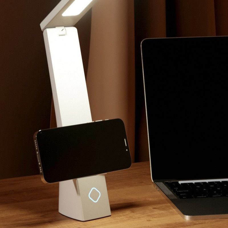 2-in-1 Foldable LED Eye-Caring Desk Lamp, USB-Rechargeable Study Light with Phone Holder—White
