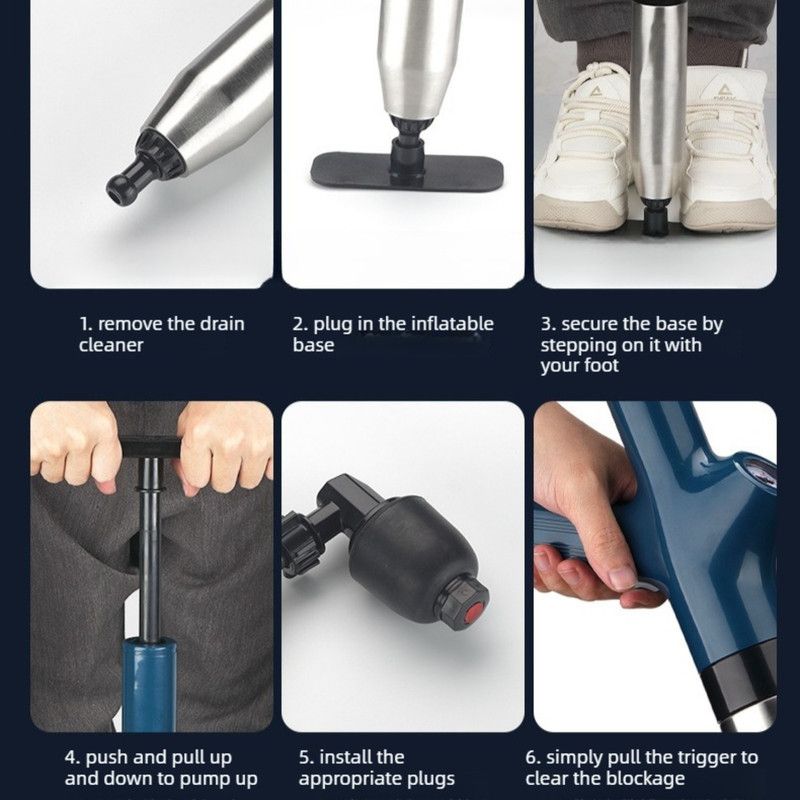 High-Pressure Air Pipe Dredger, Stainless Steel Toilet Plunger, Household Cleaner for Sinks, Floor Drains, and Toilets—Blue