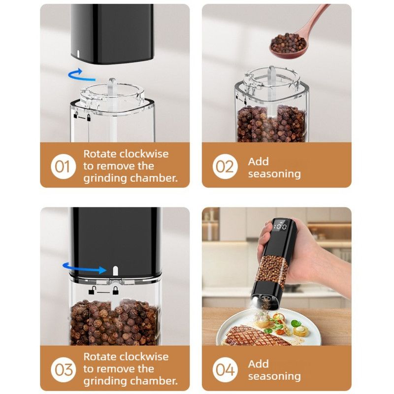 Type-C Rechargeable Electric Pepper Grinder, Digital Power Display Automatic Spice Mill—Black