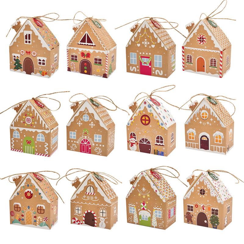 Kraft Paper Christmas House Gift Boxes, 12 Designs Candy Treat Boxes 24 Pcs Set