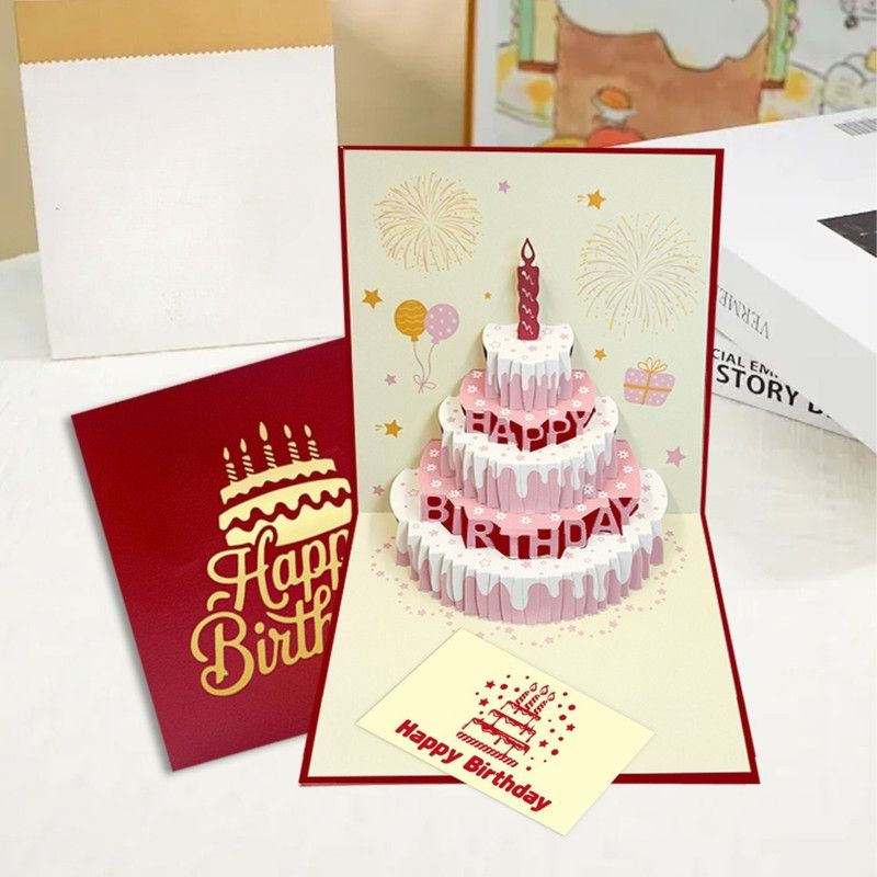 6-Pack 3D Pop-Up Birthday Cake Cards, Luxury Handmade Paper Greeting Gift Cards—Brown