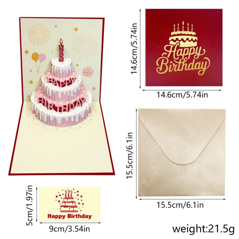 6-Pack 3D Pop-Up Birthday Cake Cards, Luxury Handmade Paper Greeting Gift Cards—Red