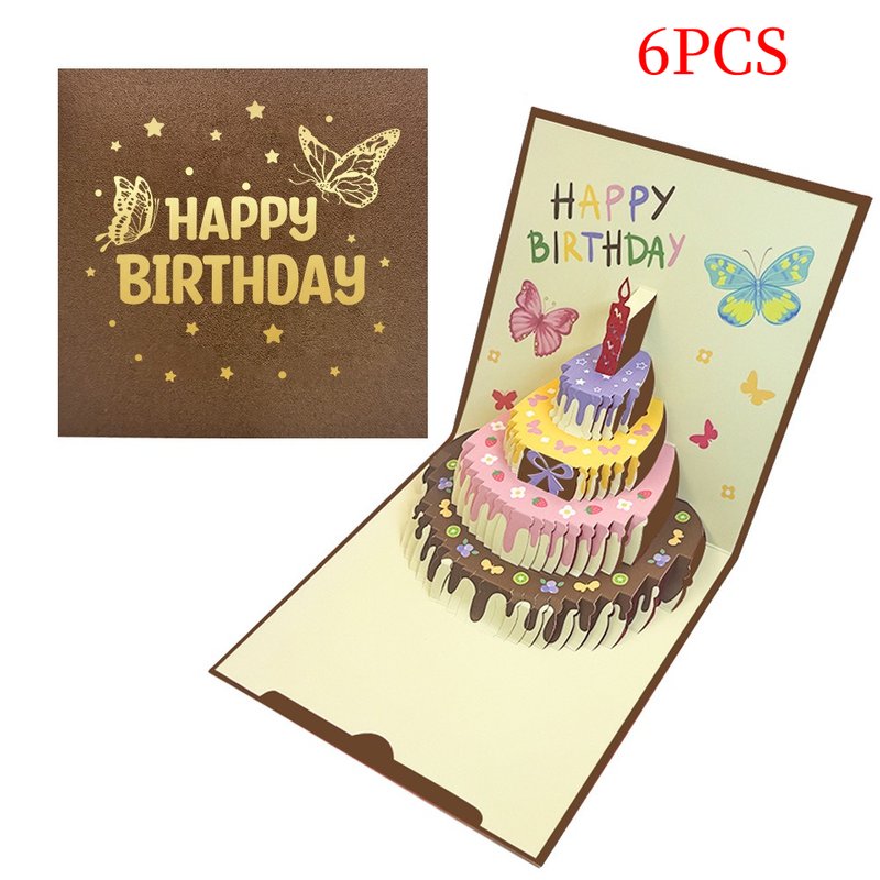 6-Pack Up Butterfly Birthday Cake Greeting Cards, Handmade Paper Gift Cards—Brown