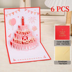6-Pack - Cake 3D Pop-Up Birthday Cards, Papercut Foldable Greeting Gift Cards - Red