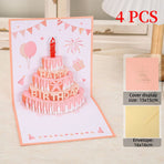 4-Pack - Cake 3D Pop-Up Birthday Cards, Papercut Foldable Greeting Gift Cards - Pink
