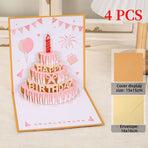4-Pack - Cake 3D Pop-Up Birthday Cards, Papercut Foldable Greeting Gift Cards - Gold and Pink