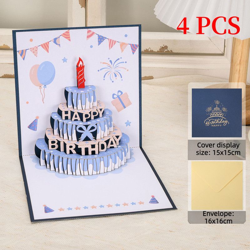 4-Pack - Cake 3D Pop-Up Birthday Cards, Papercut Foldable Greeting Gift Cards - Blue
