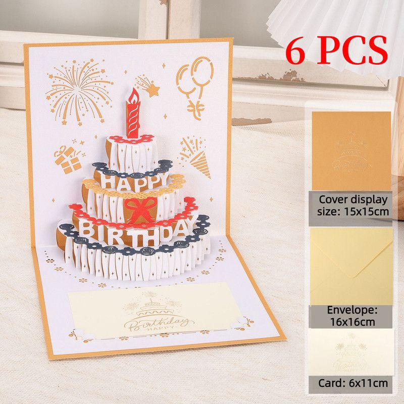 6-Pack - Classic Color Clashes Cake 3D Pop-Up Birthday Cards, Papercut Foldable Greeting Gift Cards - Gold