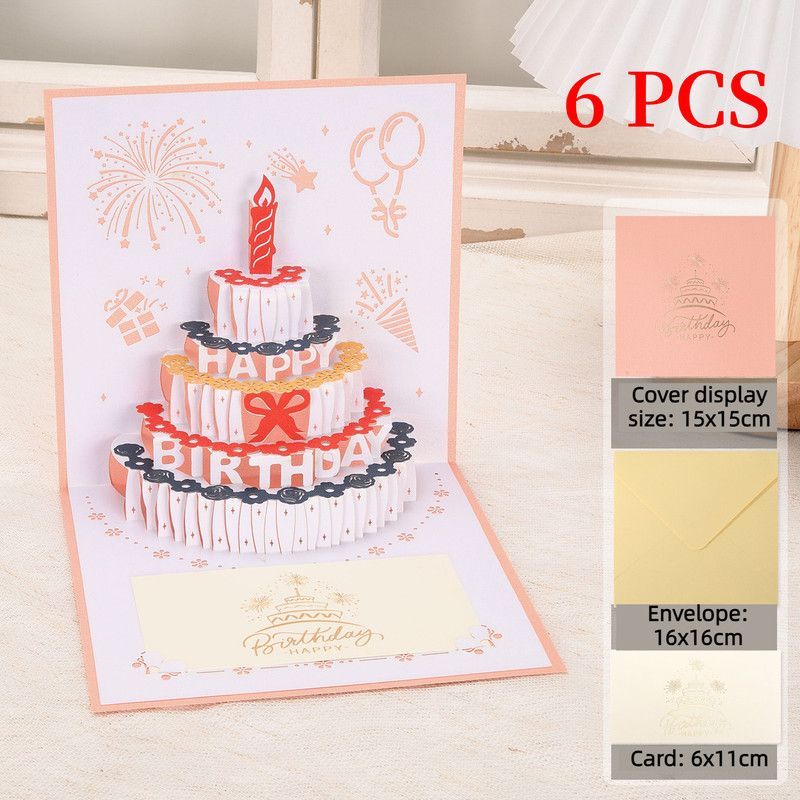 6-Pack - Classic Color Clashes Cake 3D Pop-Up Birthday Cards, Papercut Foldable Greeting Gift Cards - Pink