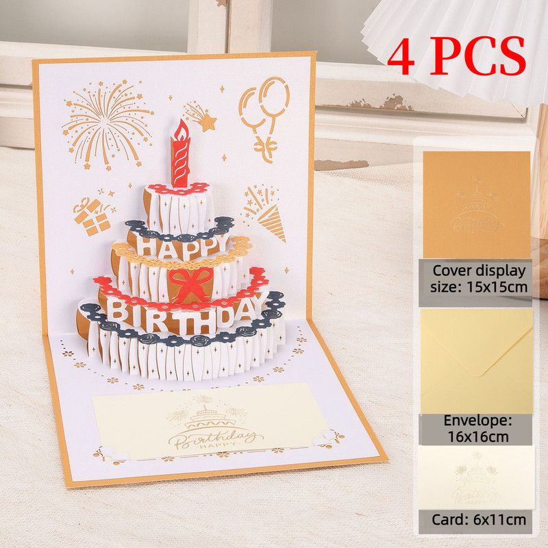 4-Pack - Classic Color Clashes Cake 3D Pop-Up Birthday Cards, Papercut Foldable Greeting Gift Cards - Gold