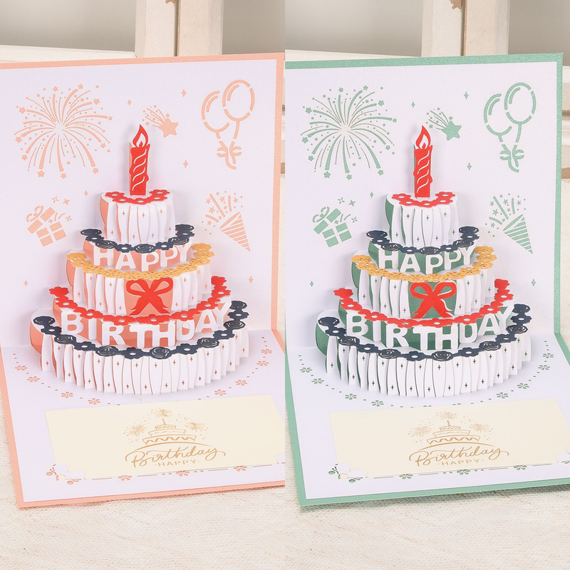4-Pack - Classic Color Clashes Cake 3D Pop-Up Birthday Cards, Papercut Foldable Greeting Gift Cards - Pink