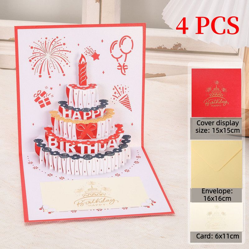 4-Pack - Classic Color Clashes Cake 3D Pop-Up Birthday Cards, Papercut Foldable Greeting Gift Cards - Red