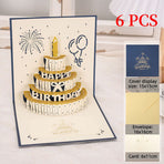 6-Pack - Gold Foil Cake 3D Pop-Up Birthday Cards, Creative Papercut Foldable Greeting Gift Cards - Blue