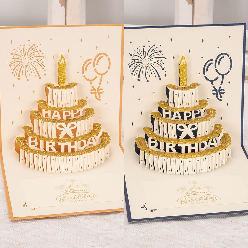 6-Pack - Gold Foil Cake 3D Pop-Up Birthday Cards, Creative Papercut Foldable Greeting Gift Cards - Blue