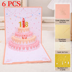 6-Pack - DIY Replaceable Number Cake 3D Pop-Up Birthday Cards, Papercut Foldable Greeting Gift Cards - Pink