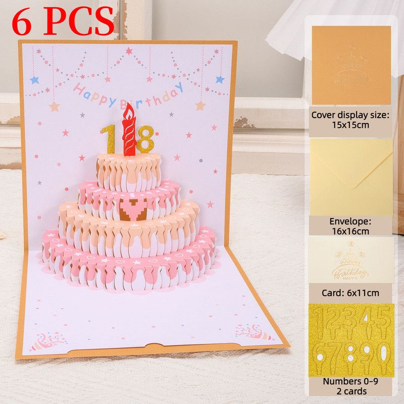 6-Pack - DIY Replaceable Number Cake 3D Pop-Up Birthday Cards, Papercut Foldable Greeting Gift Cards - Gold and Pink