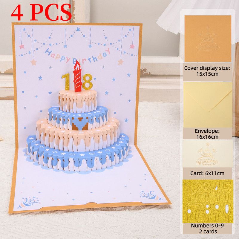 4-Pack - DIY Replaceable Number Cake 3D Pop-Up Birthday Cards, Papercut Foldable Greeting Gift Cards - Gold and Blue