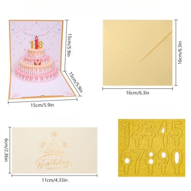 4-Pack - DIY Replaceable Number Cake 3D Pop-Up Birthday Cards, Papercut Foldable Greeting Gift Cards - Gold and Blue
