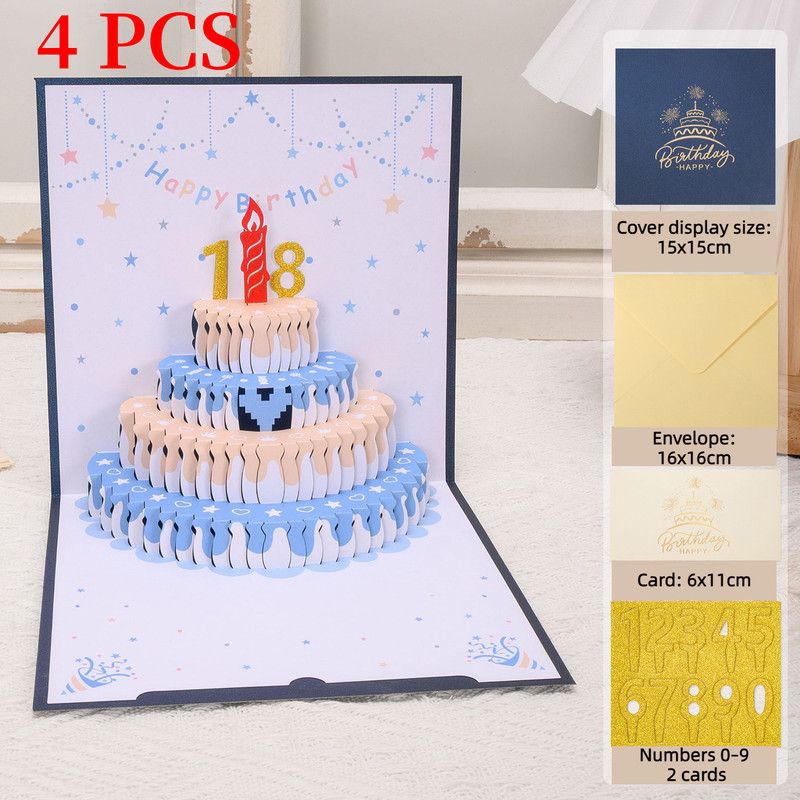 4-Pack - DIY Replaceable Number Cake 3D Pop-Up Birthday Cards, Papercut Foldable Greeting Gift Cards - Blue