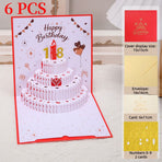 6-Pack - DIY Heart-Shaped Cake 3D Pop-Up Birthday Cards, Two-Color Papercut Foldable Greeting Cards - Red